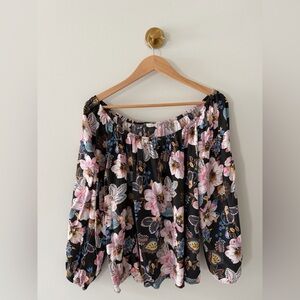 lovestitch Black Floral Off-Shoulder Top with Pink & Blue Blooms